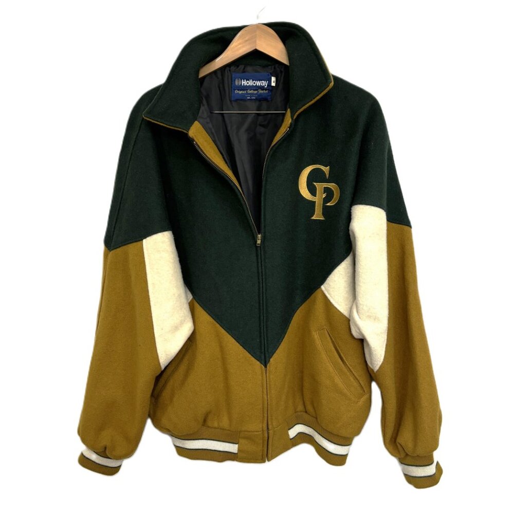 VTG Holloway Dark Gold Cream College Varsity Letterman Jacket XL EUC